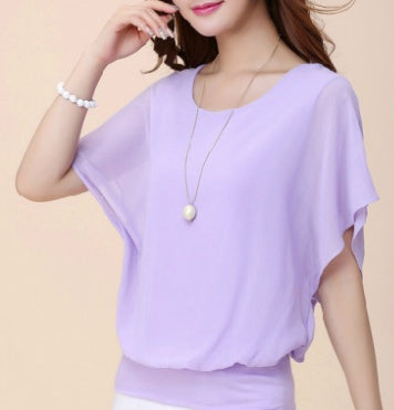 Blouse in Layered Chiffon with Batwing Sleeves - purple drape detail