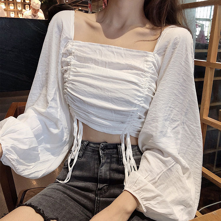 Top with Ruched Bardot Neckline and Lantern Sleeves - white close front detail