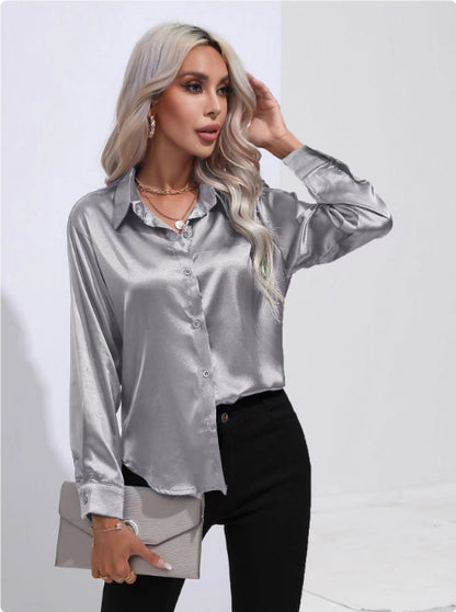 Blouse in Satin with Open Collar and Long Sleeves - grey front view
