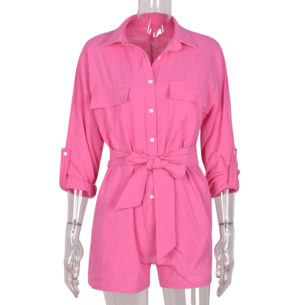 Playsuit in Pink with Shirt Collar & Tie Waist - pink mannequin front view