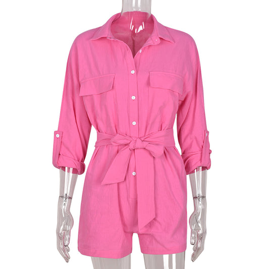 Playsuit in Pink with Shirt Collar & Tie Waist - pink mannequin front view