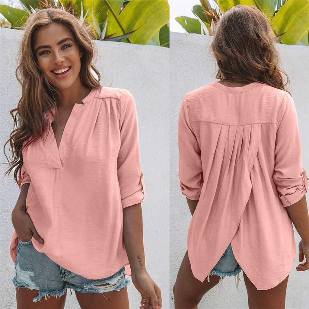 Blouse with V-Neck Twist-Back and Rolled Sleeves - pink front and twist-back view