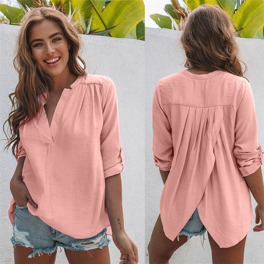 Blouse with V-Neck Twist-Back and Rolled Sleeves - pink front and twist-back view