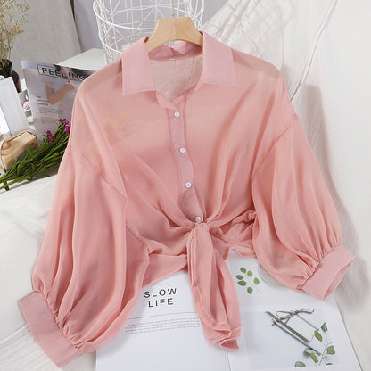 Cover-Up Shirt in Sheer Chiffon with Tie Front - pink front view