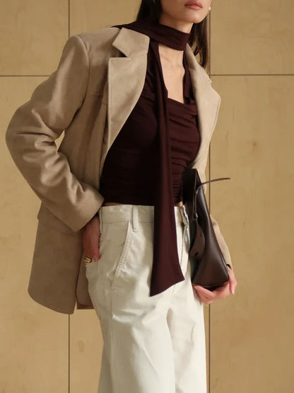 Long-Sleeve Top with Scarf Neck and Drape Front - brown styled under blazer