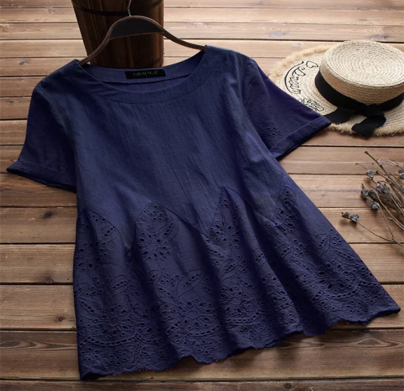 Tunic Top with Broderie Hem - navy blue front flat-lay view