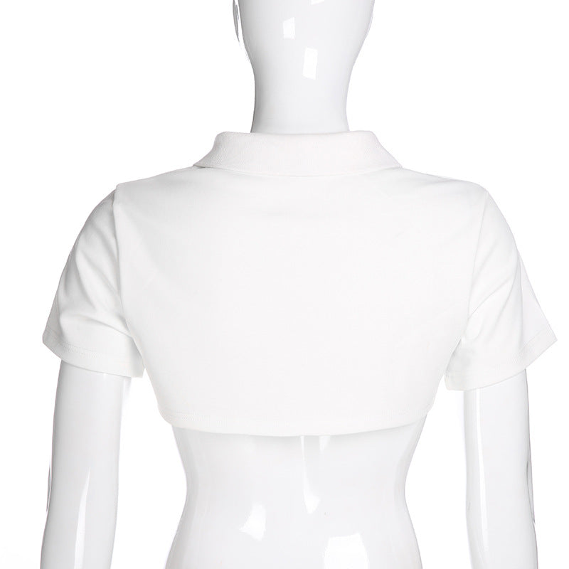 Cropped Polo Top with Double Ring Zip in White - white back view