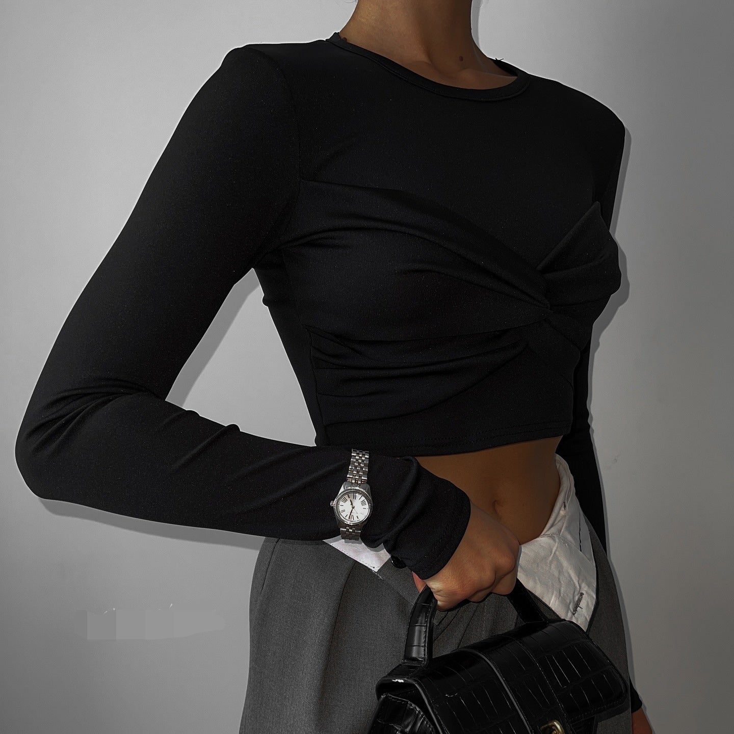 Crop Top in White & Black with Twist Front and Long Sleeves - black styled front