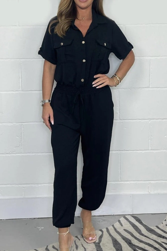Utility Shirt Jumpsuit with Drawstring Waist - black front view