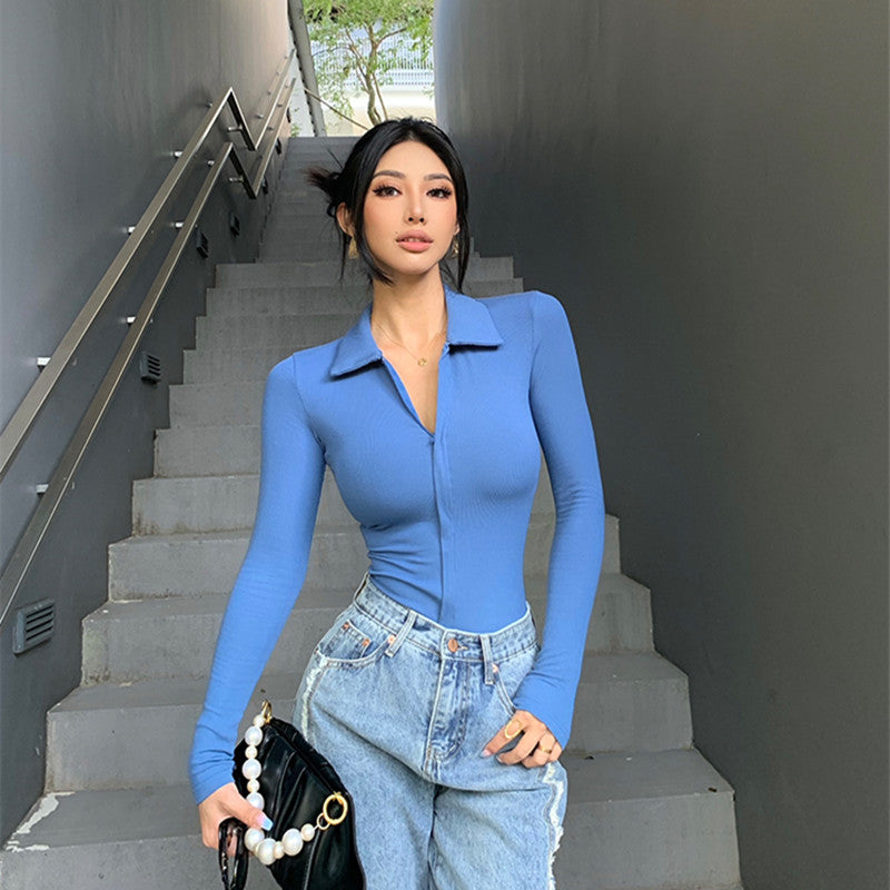 Bodysuit with Collar and Zip Front in Black, Blue & Coffee - blue full-length front view