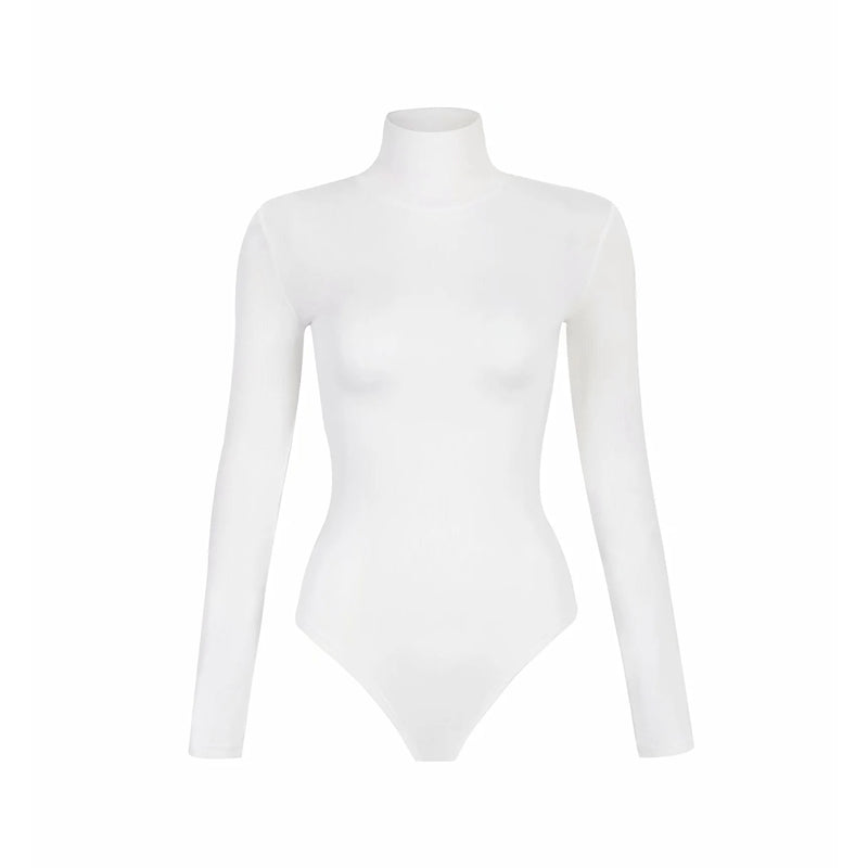 Bodysuit in Stretch Cotton with High Neck and Long Sleeves - white flat lay