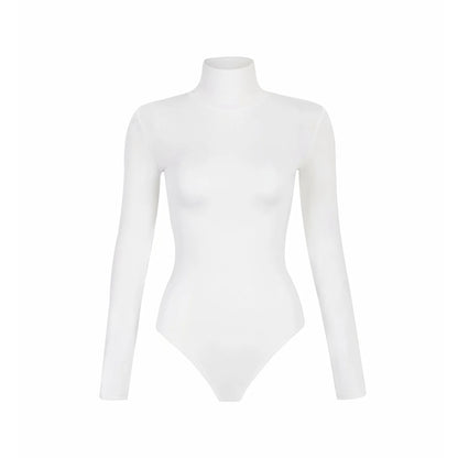 Bodysuit in Stretch Cotton with High Neck and Long Sleeves - white flat lay