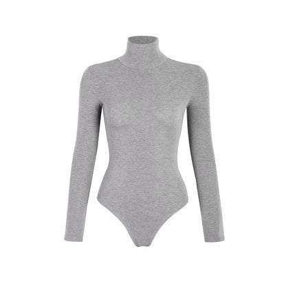 Bodysuit in Stretch Cotton with High Neck and Long Sleeves - grey flat lay