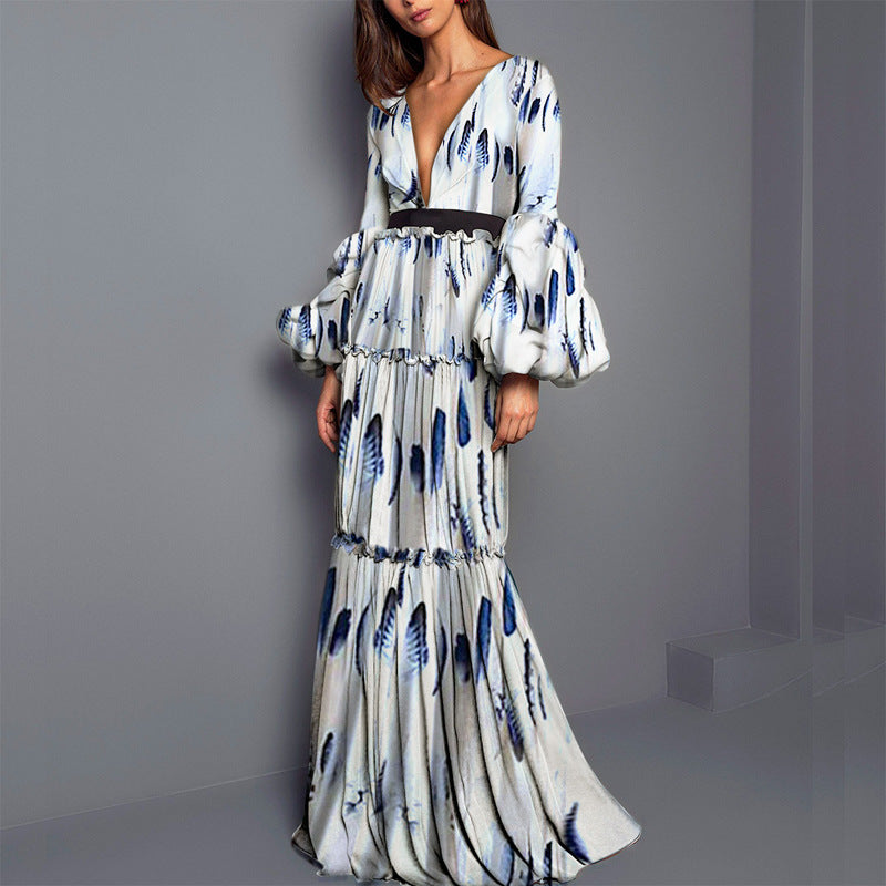 Maxi Dress in Blue Brushstroke Print - grey front close view