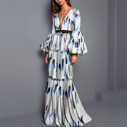 Maxi Dress in Blue Brushstroke Print - grey front close view