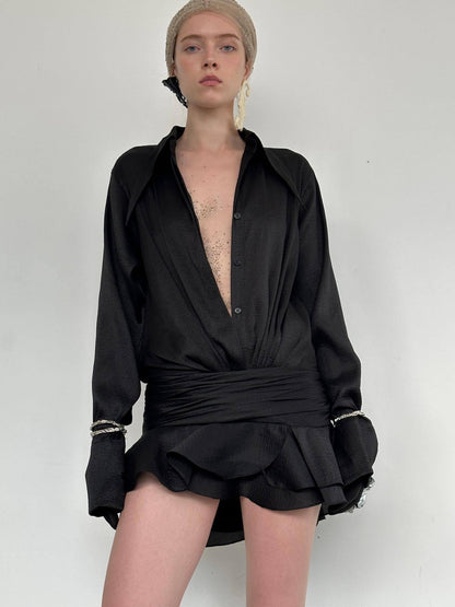 Shirt Dress with Draped Waist & Ruffle Hem - black full length front