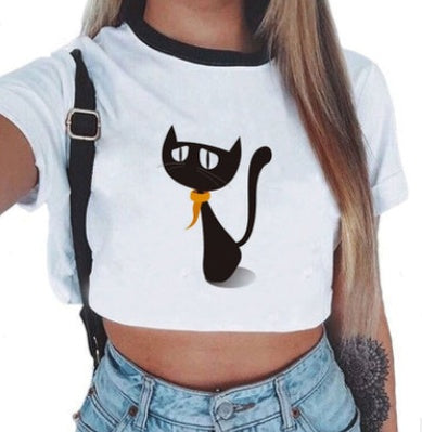 Crop T-Shirt in White with Graphic Print and Contrast Trim - white front with cat face print