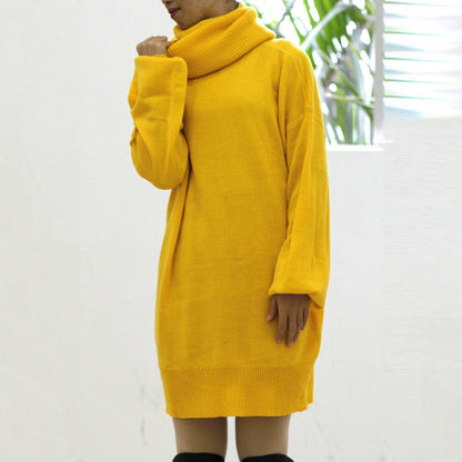 Jumper Dress in Oversized Cowl-Neck Knit - Yellow full-length front view
