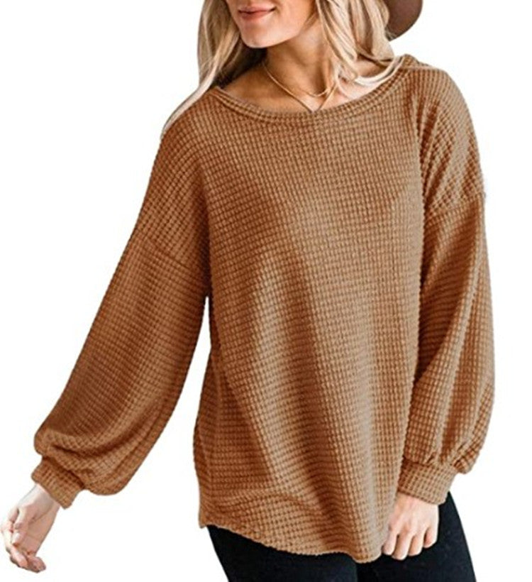 Top in Waffle Texture with Lantern Sleeves - khaki front view