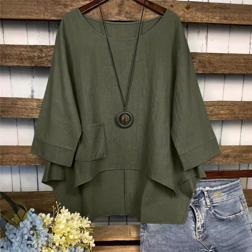 Blouse Tunic with Dipped Hem and Front Pocket - khaki green front view