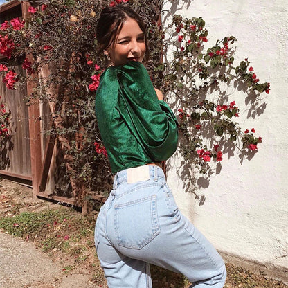 Crop Top in Emerald Green Velvet with Long Sleeves - back view showing fitted waist and full sleeves