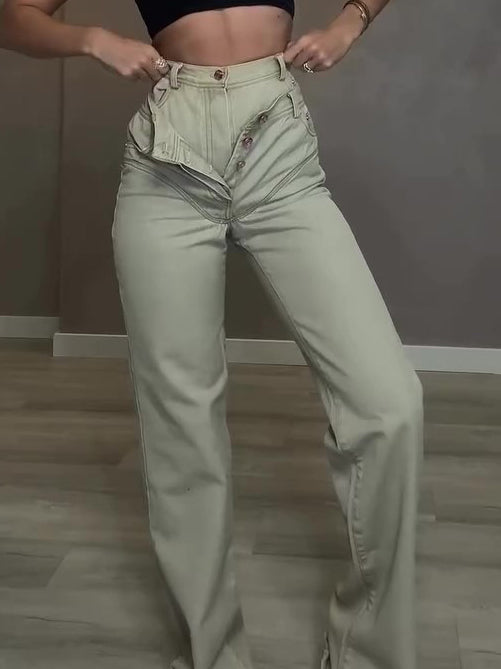 Wide-Leg Jeans in Sage with Double Waist - angled front view