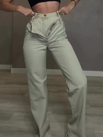 Wide-Leg Jeans in Sage with Double Waist - angled front view