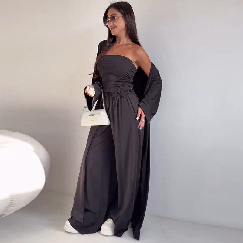 Wide-Leg Trouser Three-Piece Co-Ord Set in Dark Brown, Black & White - black angled full-length view