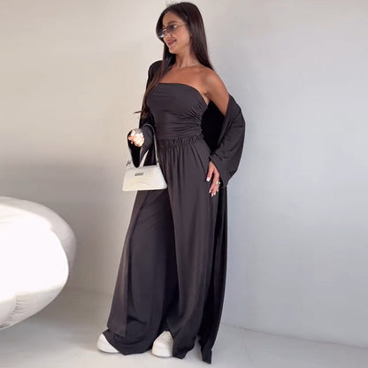 Wide-Leg Trouser Three-Piece Co-Ord Set in Dark Brown, Black & White - black angled full-length view