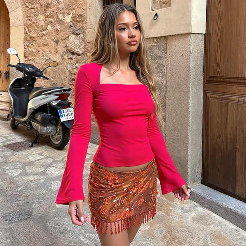 Top in Cherry Red with Square Neck and Flared Sleeves - red front view with sequin skirt