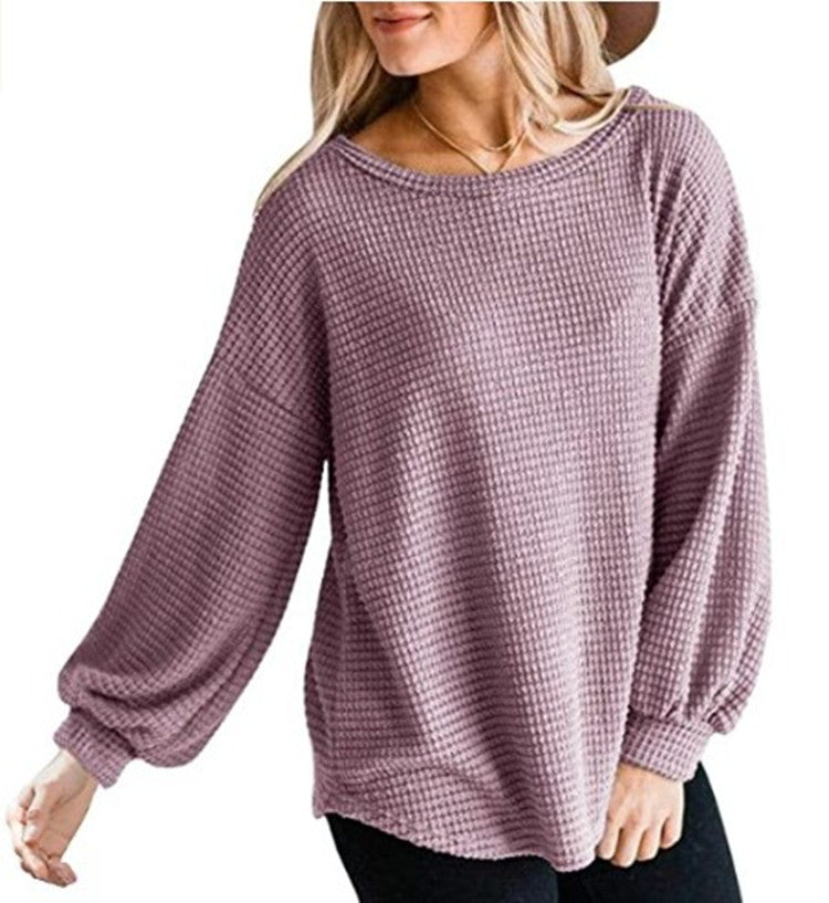 Top in Waffle Texture with Lantern Sleeves - pink front view