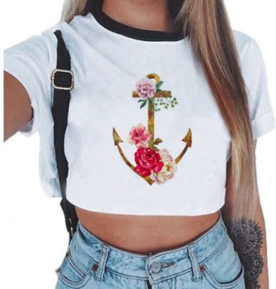 Crop T-Shirt in White with Graphic Print and Contrast Trim - white front with floral anchor print