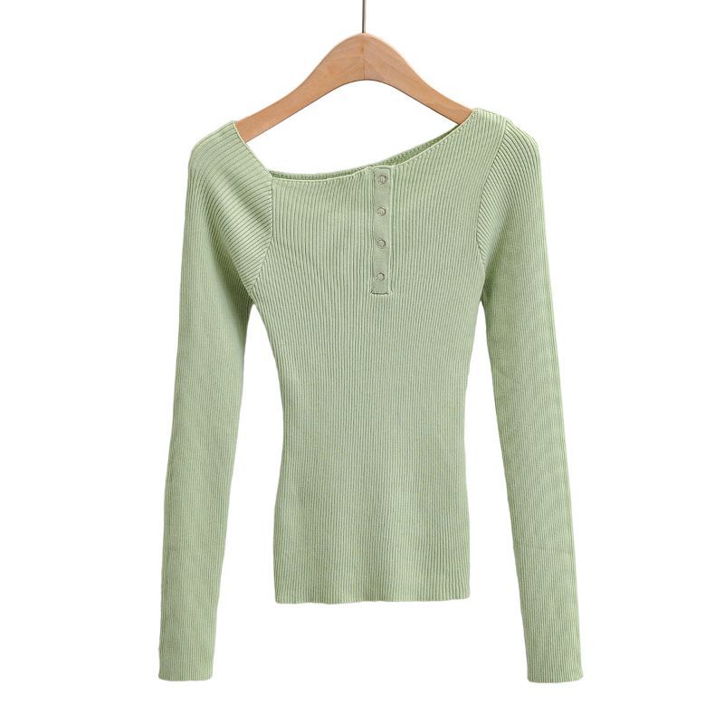 Knit Top with Boat Neck and Button Detail - green front view