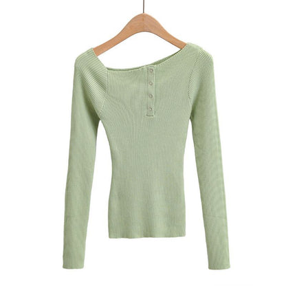 Knit Top with Boat Neck and Button Detail - green front view