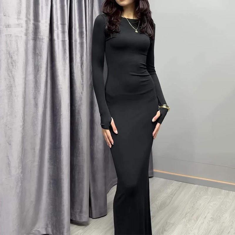 Maxi Bodycon Dress with Long Sleeves - black front view