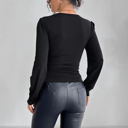 Ruched Top in Black with Lace V-Neck and Rhinestones - black back view