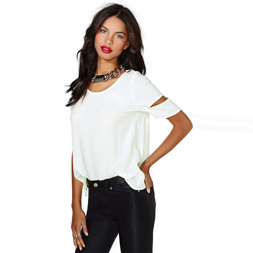 Chiffon Blouse in Milky White with Split Sleeves - angled front view