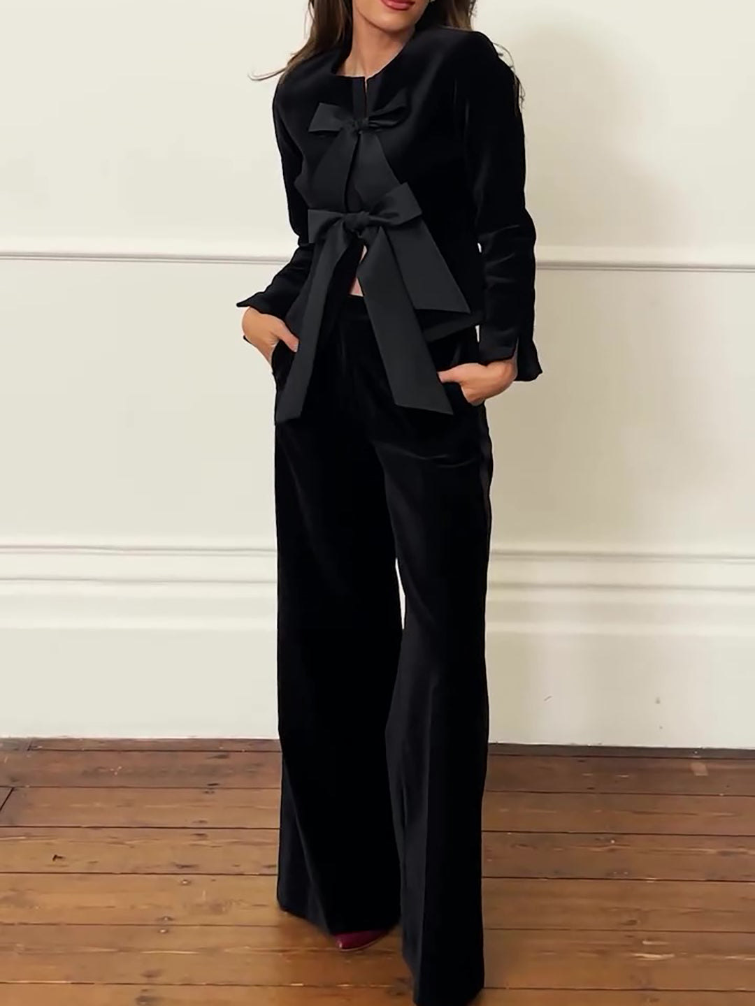 Black Velvet Bow Jacket & Wide-Leg Trouser Suit — full-length styled shot
