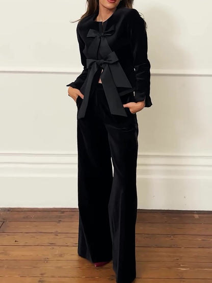 Black Velvet Bow Jacket & Wide-Leg Trouser Suit — full-length styled shot