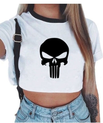 Crop T-Shirt in White with Graphic Print and Contrast Trim - white front with Punisher skull print