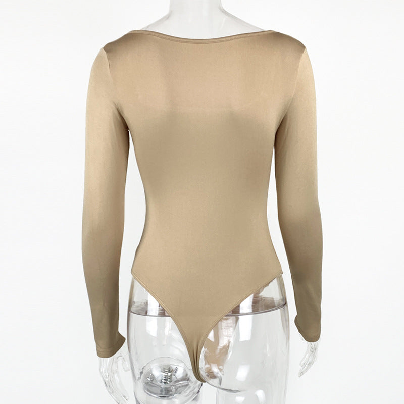 Bodysuit with Square Neck and Long Sleeves - apricot back mannequin view