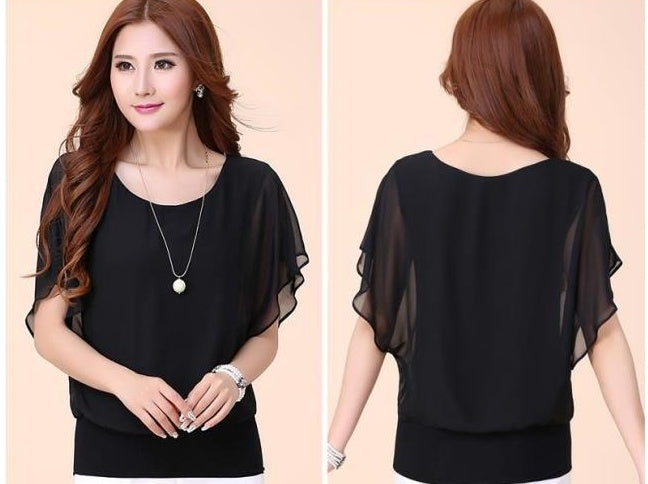 Blouse in Layered Chiffon with Batwing Sleeves - black front and back view