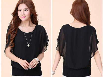 Blouse in Layered Chiffon with Batwing Sleeves - black front and back view