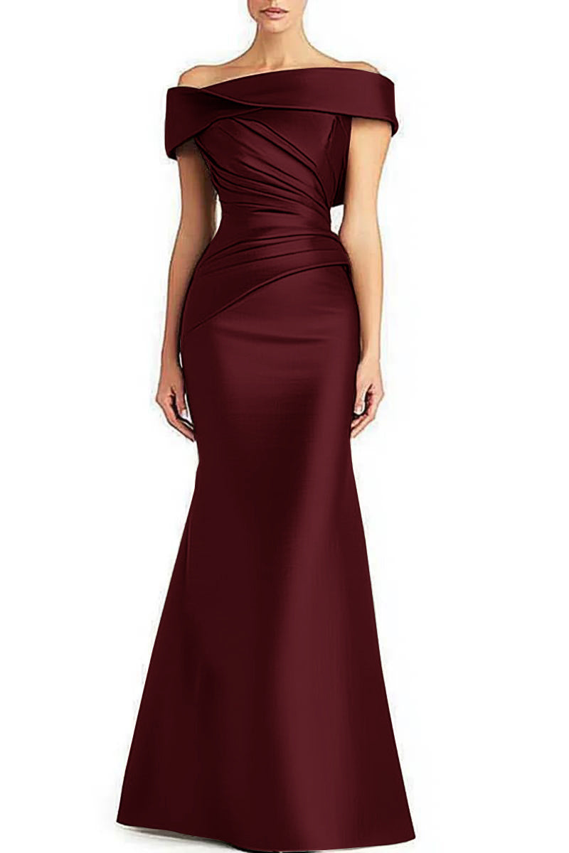 Maxi Dress in Satin-Feel Pleats with Bardot Neckline - wine red front view with off-shoulder neckline
