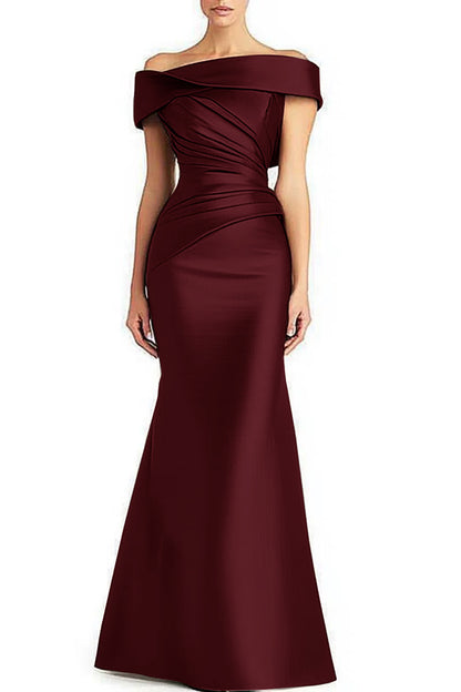 Maxi Dress in Satin-Feel Pleats with Bardot Neckline - wine red front view with off-shoulder neckline