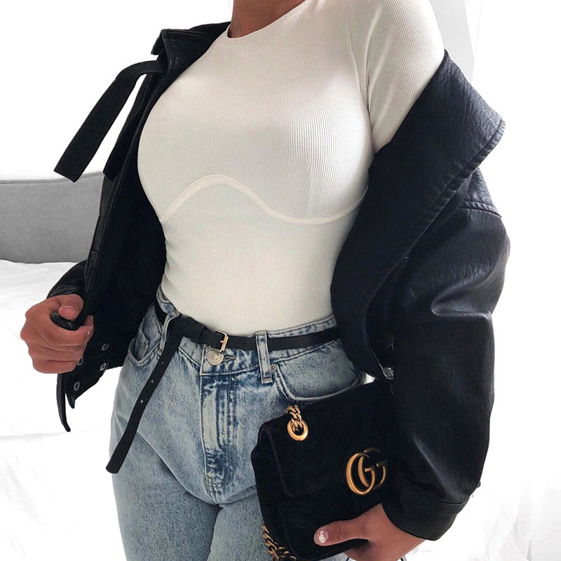 Ribbed Long-Sleeve Contour Top in White - white styled with jeans and black jacket
