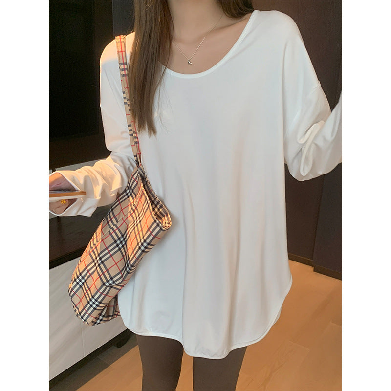 T-Shirt in White with Longline Side-Split Hem - white scoop neckline and drape detail