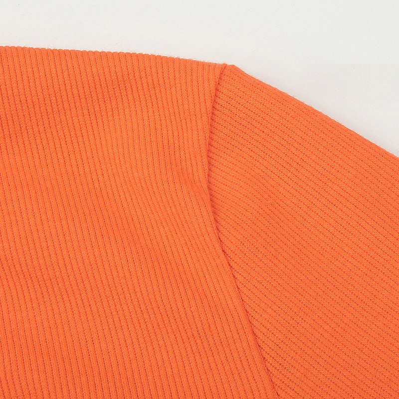 Crop Top in Orange Ribbed Knit with Daisy Applique - orange shoulder seam detail