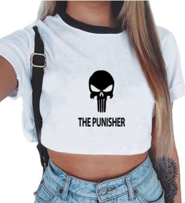 Crop T-Shirt in White with Graphic Print and Contrast Trim - white front with Punisher text graphic
