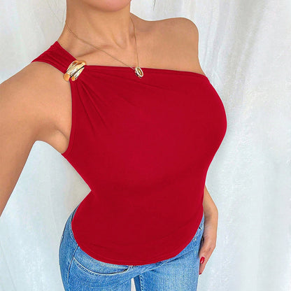 One-Shoulder Top in Red with Gold Ring Detail - red close-up of asymmetric neckline